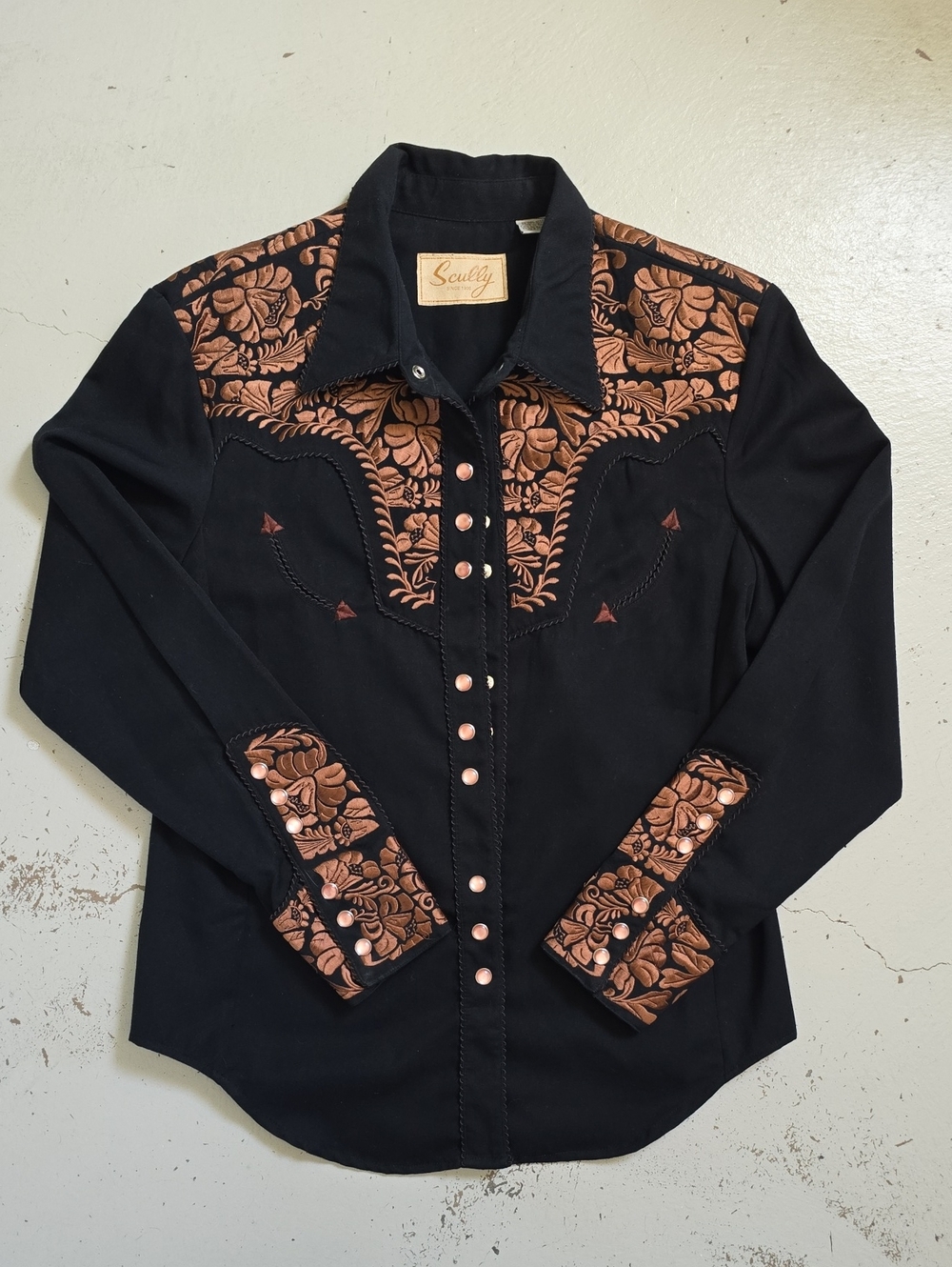 Scully Embroidered Black Western Pearl Snap Button Shirt Size M